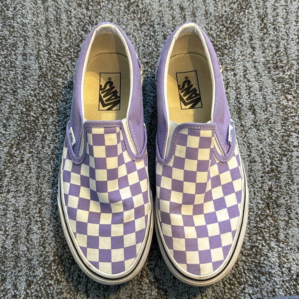 Purple and white checkered vans. Good condition.